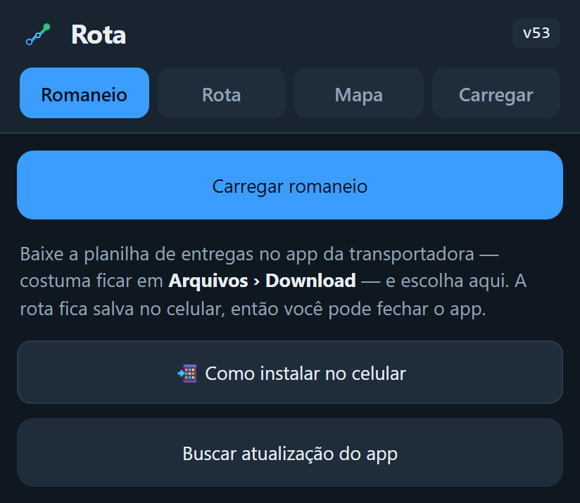 Tela inicial do app, com o botão de carregar o romaneio
