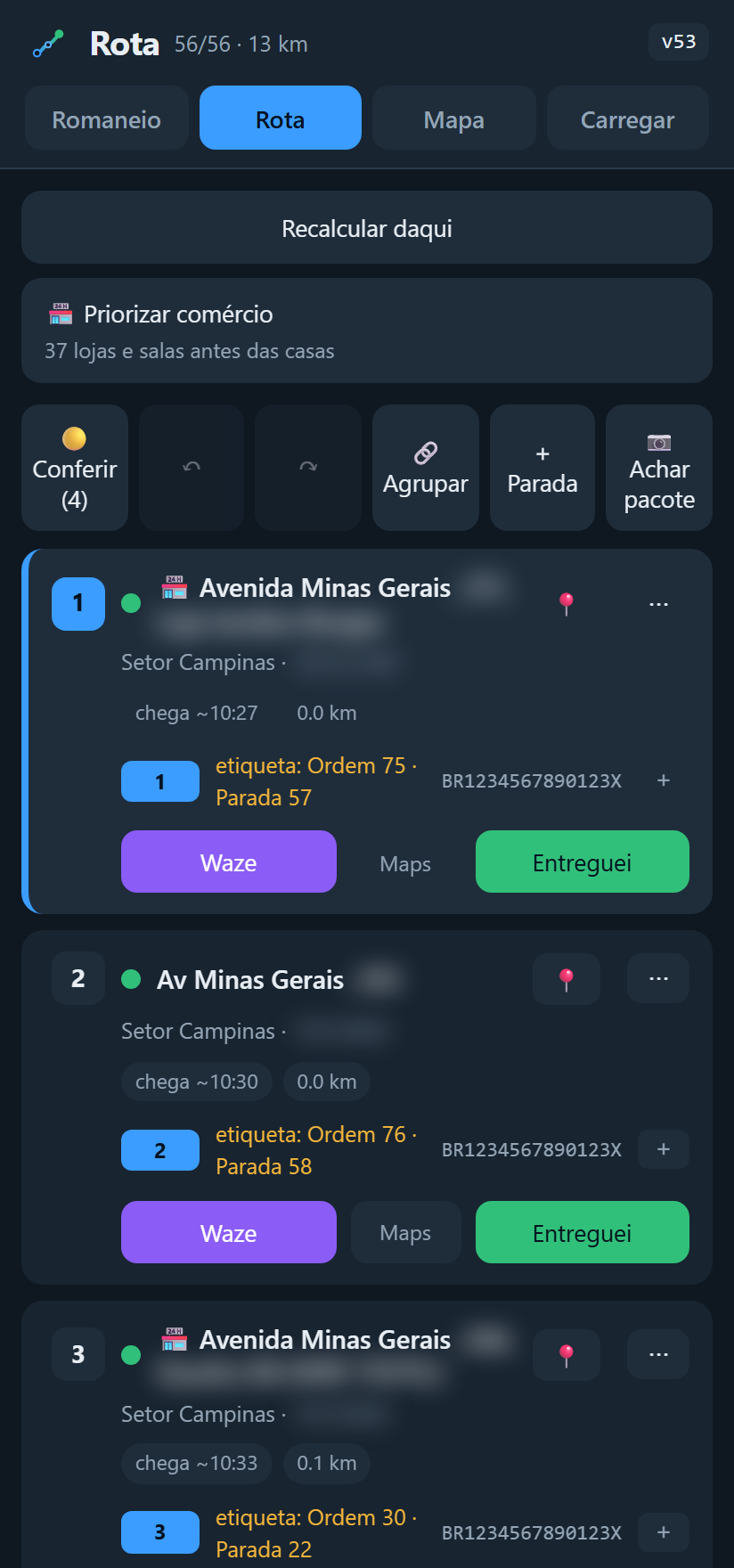 Lista das paradas na ordem de visita
