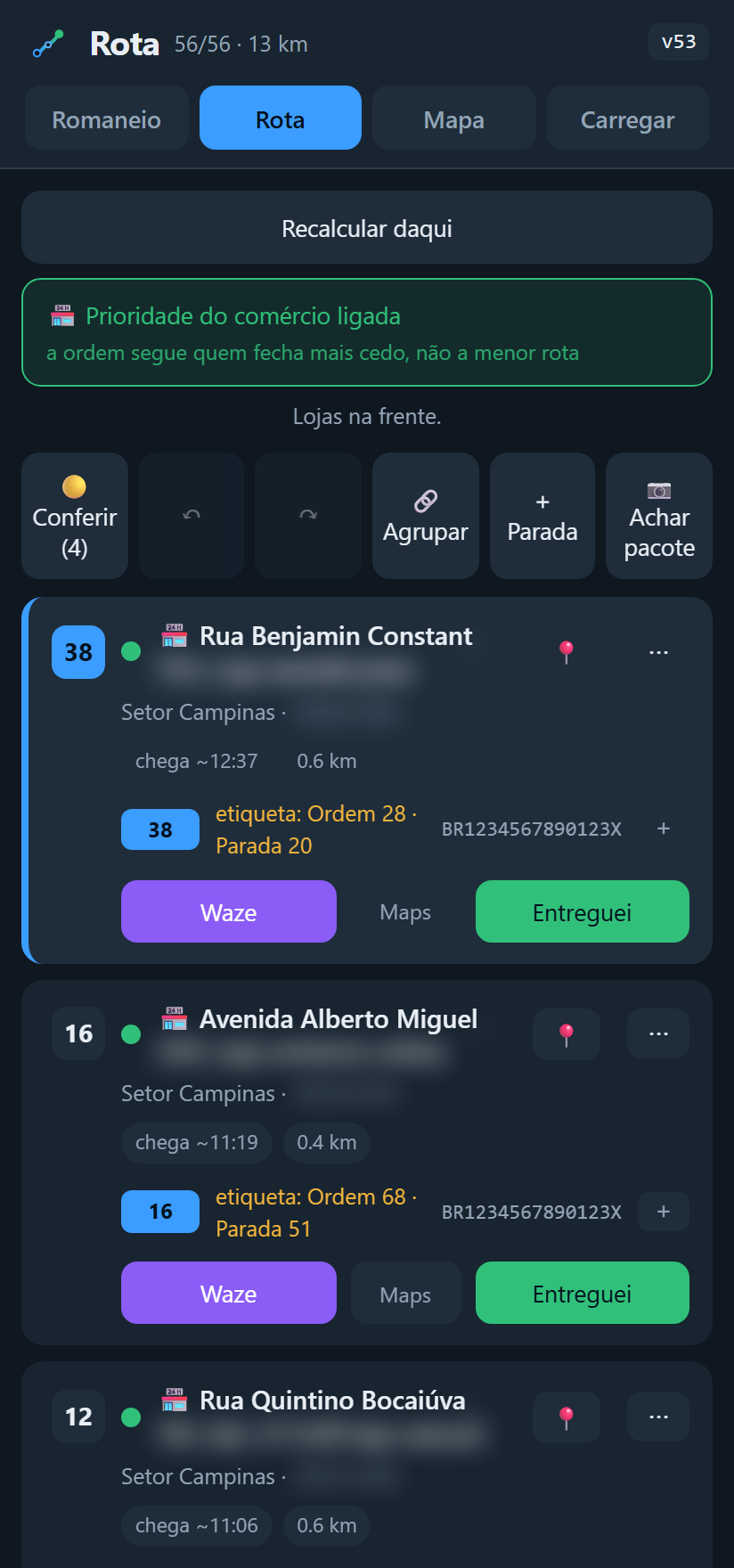 Prioridade do comércio ligada, com faixa verde no topo