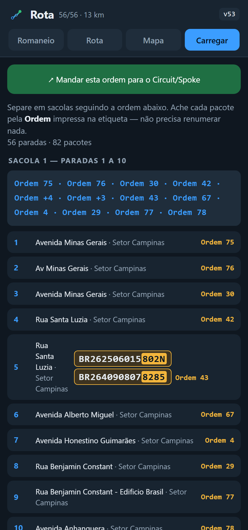 Ordem de separar os pacotes em sacolas