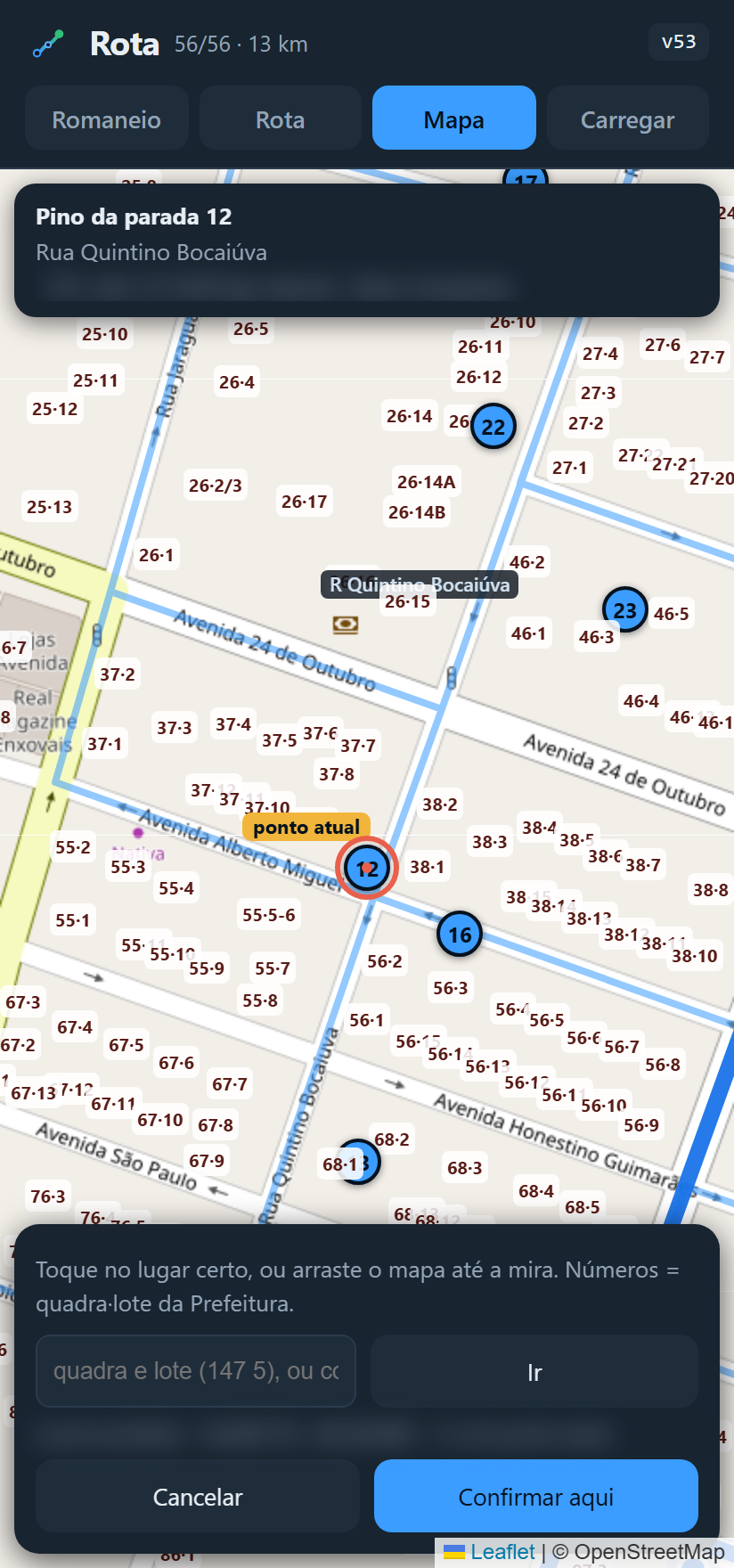 Ajuste do ponto no mapa, com quadra e lote escritos